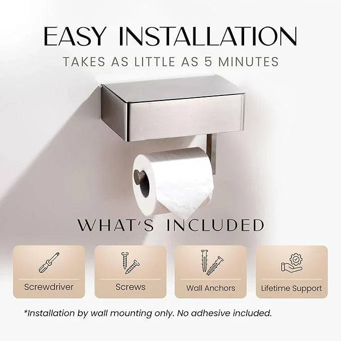 Day Moon™ Brushed Nickel Toilet Paper Holder with Shelf, Wipe Holder for Bathroom, Flushable Wipes Dispenser - Toilet Paper and Wipes Holder, Toilet Paper Holder with Storage - ModernBath
