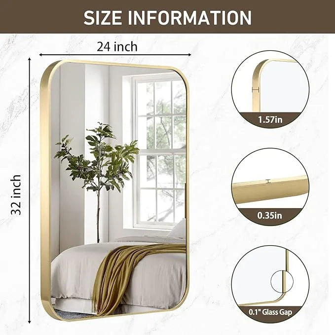 CLBA Gold Bathroom Mirror, 24x32 Inch Brushed Gold Mirror, Aluminum Alloy Framed Vanity Mirror, Rounded Rectangle Bathroom Mirror for Over Sink, Anti-Rust Wall Mirror (Horizontally or Vertically) - ModernBath