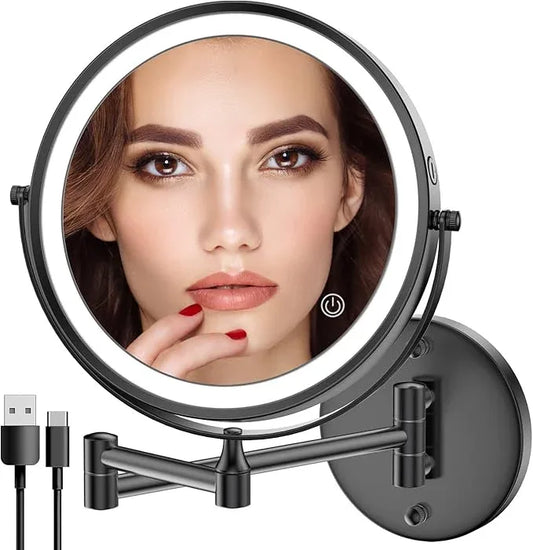 Rocollos Rechargeable Wall Mounted Lighted Makeup Mirror, 8 Inch Double-Sided LED Vanity Mirror 1X/10X Magnification,3 Color Lights Touch Screen Dimmable 360°Swivel 13 Inch Extendable - ModernBath