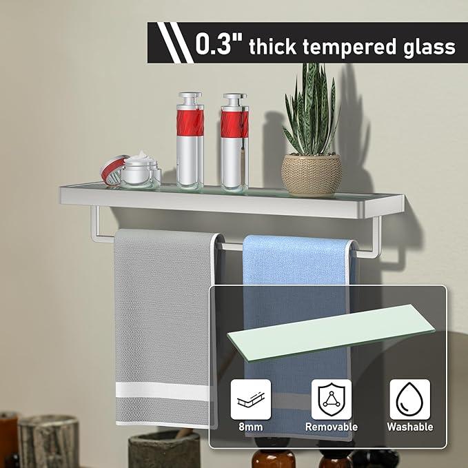 Glass Floating Shelves for Wall, Brushed Nickel 20 Inch Tempered Glass Rectangular 1 Tier Organizer Shelf for Bathroom - ModernBath