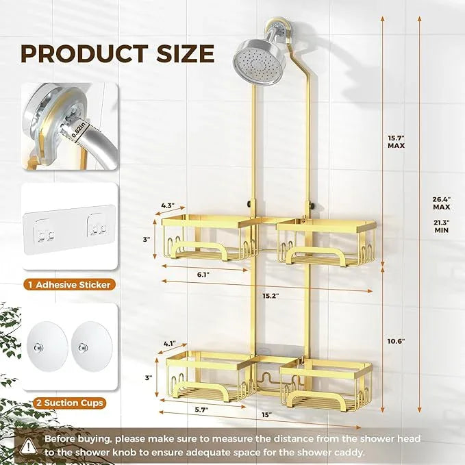 REINHARDT Shower Caddy Hanging for Handheld Showerheads Adjustable Split Shower Caddy, Rustproof Shower Organizer with Hooks for Razors Over the Head Caddy with Soap Holder Bathroom Accessories, Gold - ModernBath