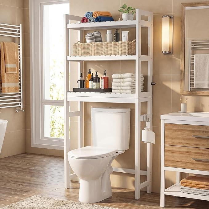 Homykic Over The Toilet Storage, Bamboo 3-Tier Over Toilet Bathroom Organizer with 3 Hooks, Freestanding Bathroom Shelves, Bathroom Organizer and Storage, Easy to Assemble, White - ModernBath
