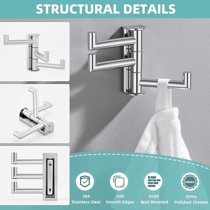 APLusee Polished Chrome Swivel Towel Hook for Bathroom, Heavy Duty 304 Stainless Steel Bathroom Wall Hook with Multi 3 Arms, Wall Mounted Towel Hanger for Kitchen Garage - ModernBath