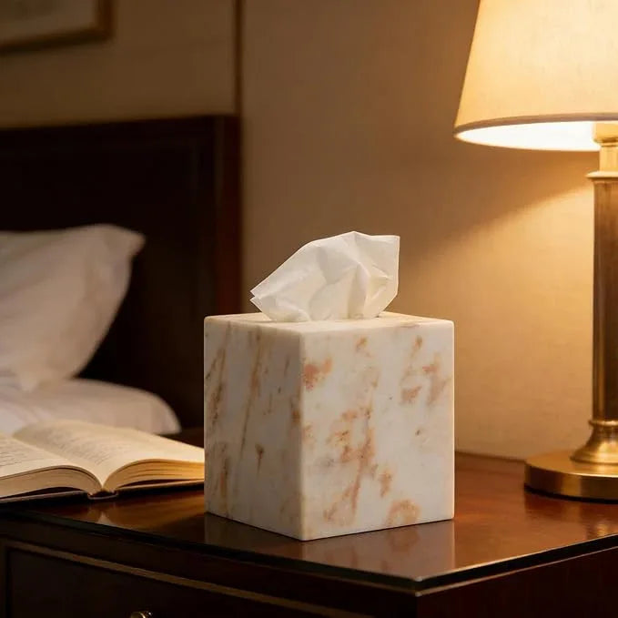 Marble Tissue Box Cover for Bathroom, White with Gold Texture Marble Facial Tissue Holder, Rectangular Toilet Paper Holder Case, Elegant Home Decorative for Vanity, Bedroom, Living Room, Office - ModernBath