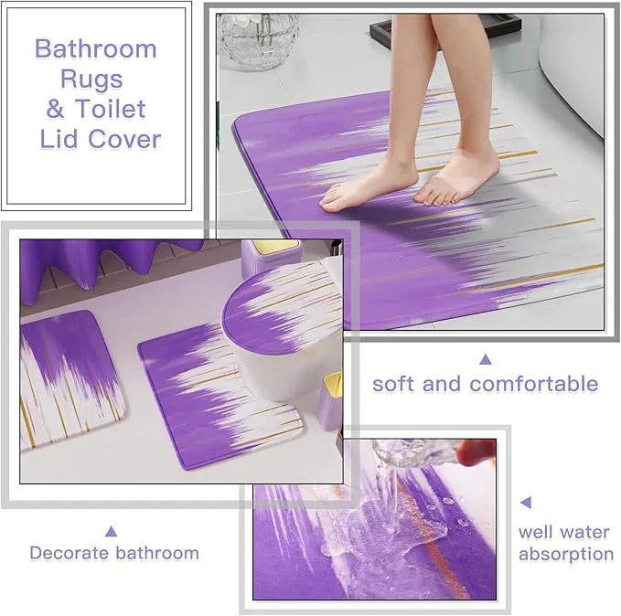 WSBArt 32PCS Bathroom Sets with Shower Curtain and Rugs-Purple Bathroom Accessories,Non Slip Bathroom Rugs Set with Toilet Lid Cover, Waterproof Shower Curtain, 3PC Soap Dispenser with Trash Can - ModernBath