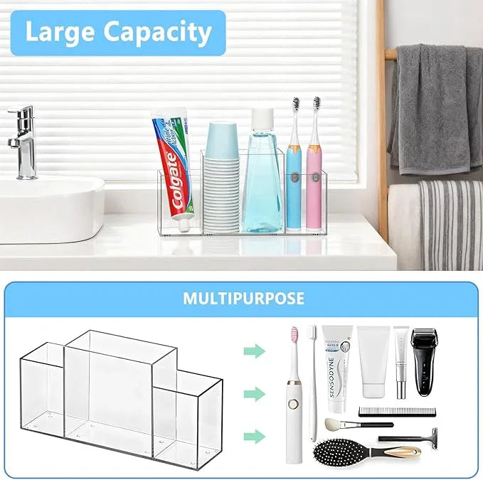 Acrylic Toothbrush Holder for Bathroom Counter, Clear Multi-Functional Toothbrush Organizer with Compartments for Electric Toothbrush, Toothpaste - ModernBath