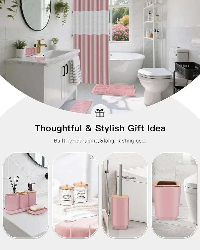 Bathroom Accessories Set,Pink Bathroom Set,24 Pieces Bathroom Accessory Set with Shower Curtain,Trash Can for Bathroom Accessories Décor and Home Gifts - ModernBath