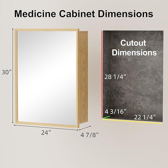 24x30 Inch Wood Medicine Cabinet with Mirror, Surface or Recessed Mounted Bathroom Cabinets with Adjustable Shelves, Soft-Close Hinges, Wall Mounted Cabinet for Storage, Oak-Grain - ModernBath