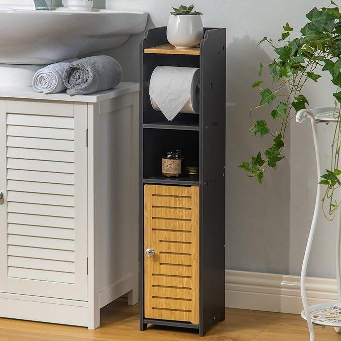 AOJEZOR Toilet Paper Holder Stand: Small Bathroom Storage Cabinet - Black - Bamboo - ModernBath