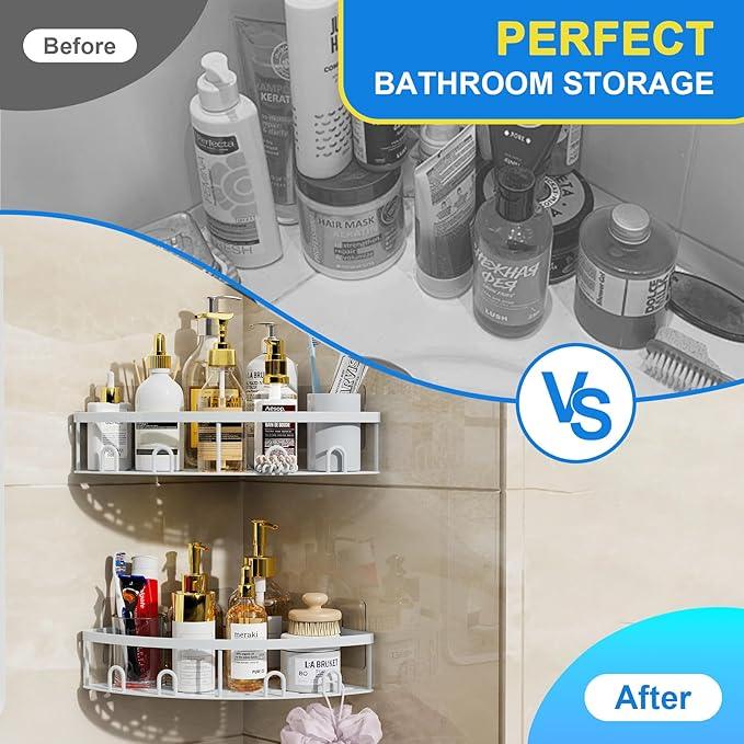 Corner Shower Caddy, 2 Pack Adhesive Bathroom Shower Corner Organizer Shelf, No Drilling Rustproof Wall Mounted Shower Storage Rack Shampoo Holder Organizer (White) - ModernBath