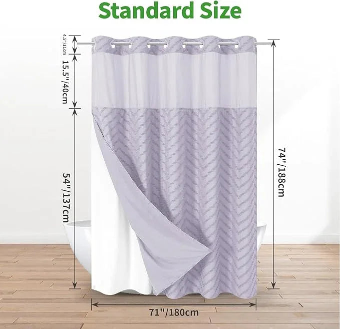 eachope No Hook Boho Farmhouse Shower Curtain with Snap-in Fabric Liner set-71Wx74H(72H),Tufted Chevron Striped Hotel Grade Cloth Shower Curtains for Bathroom with Window,Water Repellent,Lavender - ModernBath