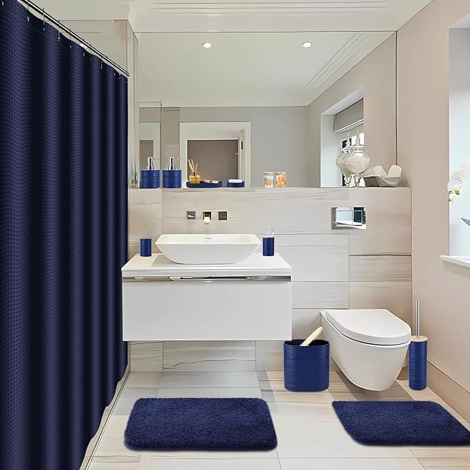 XLHOMO Bathroom Set - Navy Blue Bathroom Accessories Set, Bathroom Sets with Shower Curtain and Rugs, 25PC Shower Curtain Set with Hooks, Soap Dispenser, Soap Dish, Toilet Brush Holder and Trash Can - ModernBath