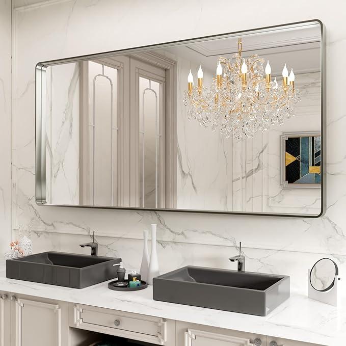 LOAAO 72X32 Inch Brushed Nickel Bathroom Mirror, Rounded Rectangle Silver Metal Frame Mirror, Brushed Nickel, Anti-Rust, Shatter Proof, Hangs Horizontally or Vertically - ModernBath
