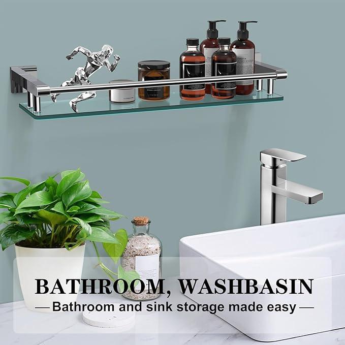 Glass Shelves for Bathroom, 20IN Rectangular Chrome Stainless Steel Tempered Glass Shelf Wall Mount Shelf Sink Over Toilet Modern Bathroom (Chrome Polished, 20‘’) - ModernBath