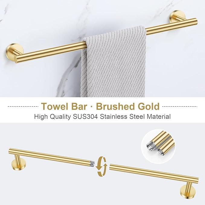 Lairuier Brushed Gold Bathroom Hardware Set, 10-Piece Towel Bar Set SUS304 Stainless Steel Bathroom Hardware Accessories Set Round Towel Holder Set Wall Mounted - ModernBath