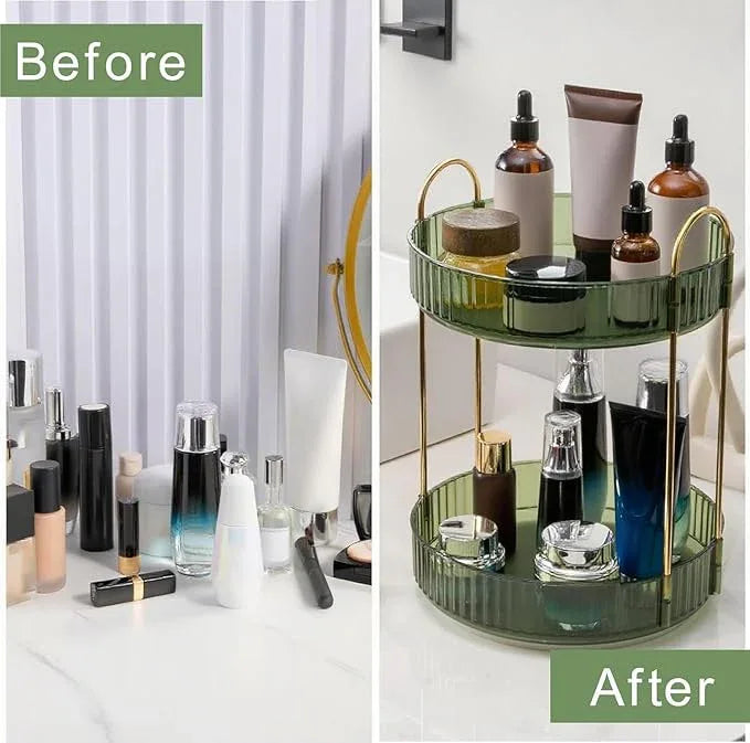 INVSSENE 360° Rotating Makeup Organizer, Bathroom Make Up Spinning Holder Rack, Large Capacity Cosmetics Storage Vanity Shelf Countertop, Fits Cosmetics, Perfume, Skincare, Lipsticks(2 Tiers, Green) - ModernBath
