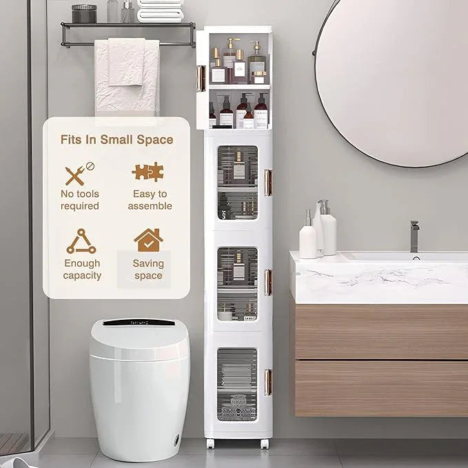 VECELO 4-Tier Tall Narrow Storage Cabinet with Movable Wheels, Adjustable Shelves, Anti-Tip, Slim, for Small Space, Bathroom, Kitchen, Laundry, White | 4-Tier, Movable Wheels, Adjustable Shelves, Magnetic Doors, Slim - ModernBath