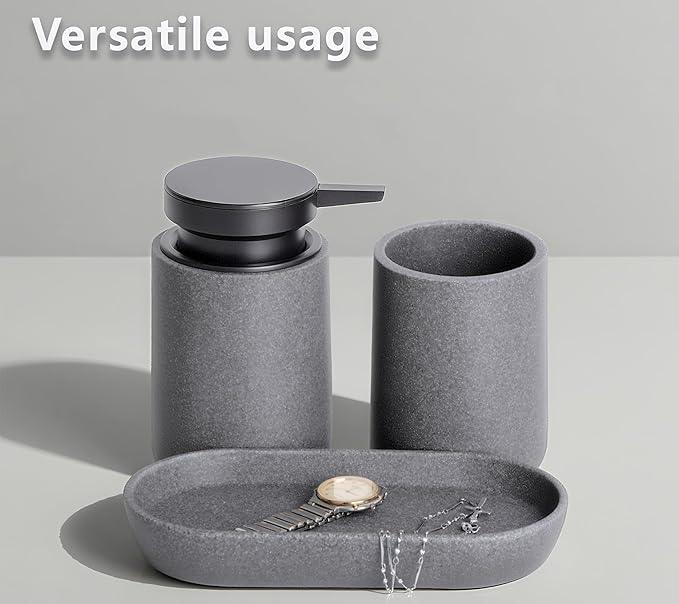 Clasin Home 3 Pcs Bathroom Accessories Set, Liquid Soap Dispenser with Large Pump, Toothbrush Holder Cup and Soap Dish, Sandstone Texture Bathroom Counter Set for Modern Home (Gray) - ModernBath