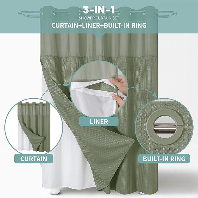 eachope SageGreen Extra Long No Hook Waffle Weave Shower Curtain with snap-in Liner Replacement, 230GSM Waterproof Fabric Hotel Shower Curtain Set for Bathroom, Through Mesh Top Window,71Wx98H - ModernBath