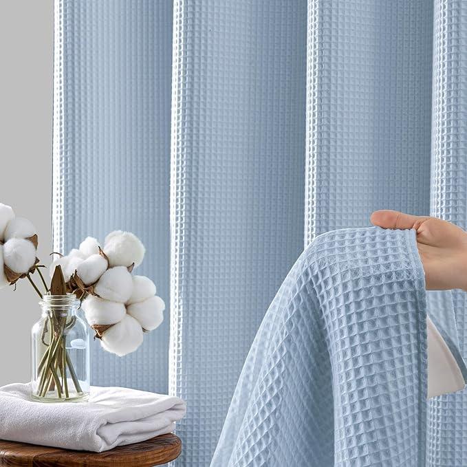 River Dream Misty Blue Fabric Shower Curtain Set, Cotton Blend, Waffle Weave, with Snap in Replacement Liner，54 x 80 inches - ModernBath