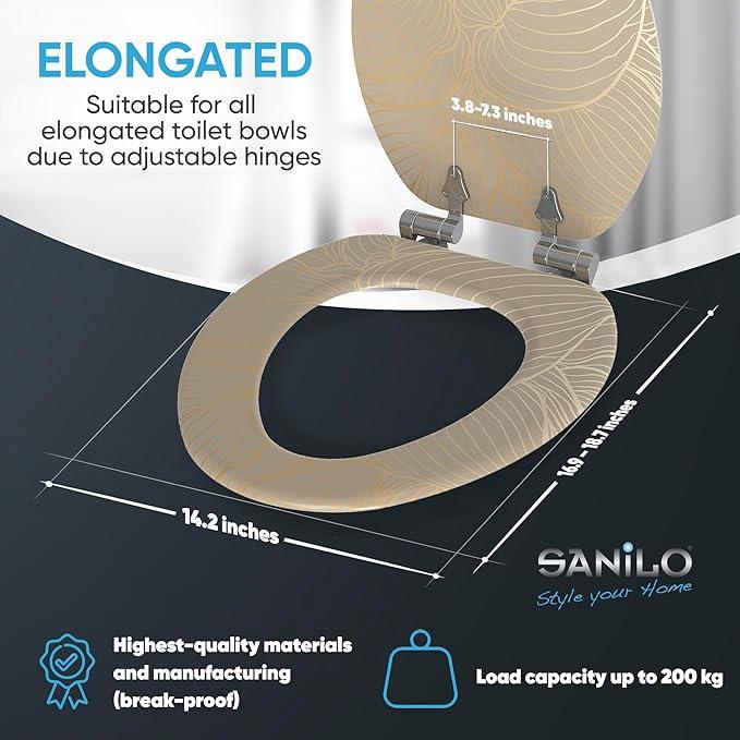 SANILO Wooden Toilet Seat with Soft Close [ELONGATED] - Decorative, Quiet & Slow Close Molded Wood Seat - With Strong Bumpers & Hinges - Adjustable Fit - Hosta - ModernBath