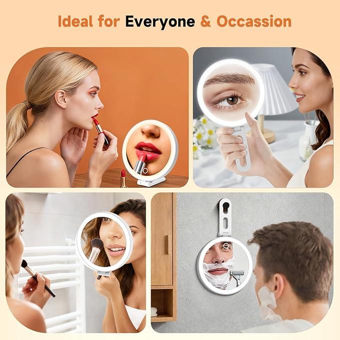 Travel Makeup Mirror with Lights, Lighted Magnifying Mirror 10X, 4-in-1 Portable for Handheld, Tabletop, Hanging and Wall Mount with Suction Cup and 3 Color Light, Ideal Gift for Women and Seniors - ModernBath