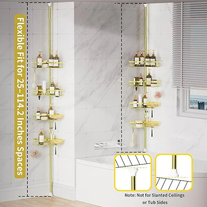 KEGII Corner Gold Shower Caddy Tension Pole - 4-Tier Rustproof Shower Rod Organizer, Floor to Ceiling Tension Rod 25-114.2 inch, Stainless Steel Corner Shower Shelf, Waterproof - ModernBath