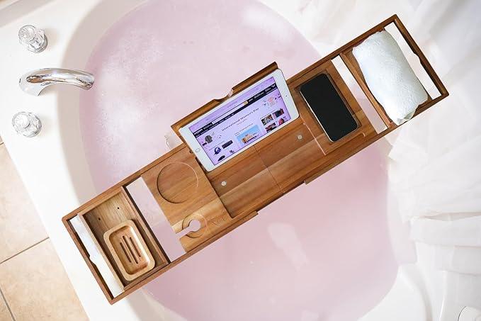XcE Foldable Acacia Wood Bathtub Caddy Tray - Expandable to 40 Inches with Non-Slip Pads for Couples Luxury Bath - ModernBath