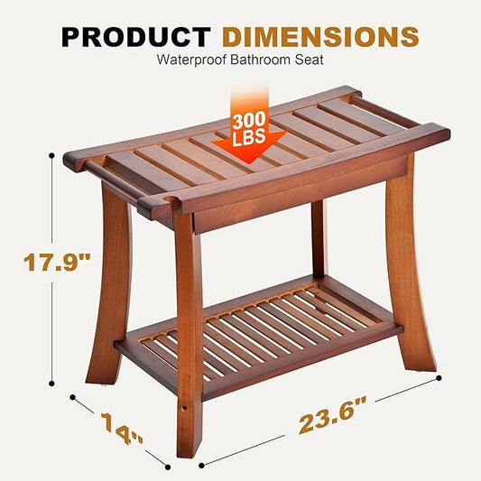 Teak Shower Chair Stool, 24" Shower Bench Seat, Wooden Bathroom Bench with Storage Shelf for Indoor & Outdoor Use,Walnut - ModernBath
