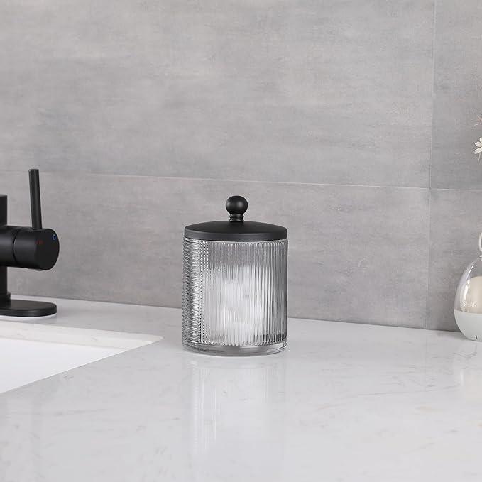 Indecor Home Gray Colored Tranlucent Apothecary Ribbed Geo Etched Glass Jar W/Matte Black Metal Lid Cover for Bathroom Organization, Cotton Balls, Q Tips, and Small Accessories, Bathroom Storage - ModernBath