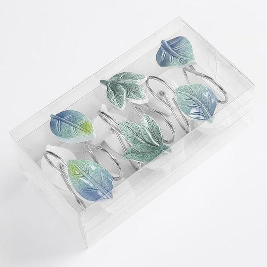 Gibelle 12PCS Leaves Shower Curtain Hooks, Blue Plant Leaf Decorative Shower Curtain Hooks Metal Rustproof Cute Eucalyptus Shower Curtain Rings Bathroom Decoration Accessories - ModernBath