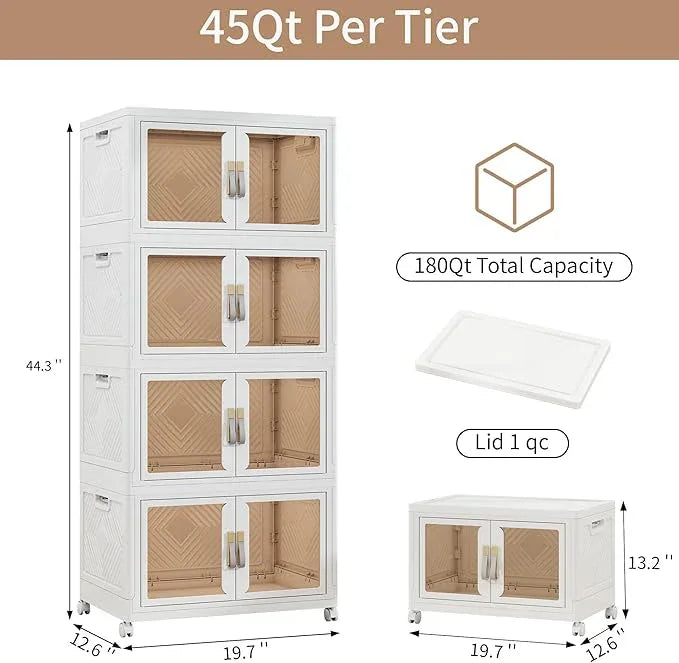 Large Clear Stackable Storage Bins with Lids, 180QT-45QT*4Tier Foldable Cabinet for Closet Organizers, Plastic Storage Box with Wheels White - ModernBath