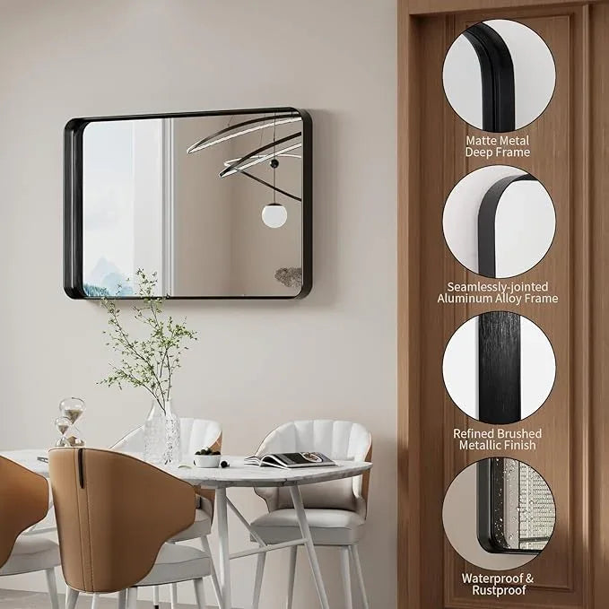 Koonmi Black Wall Mirror for Bathroom, 24x36 Inch Matte Deep Framed Rounded Rectangle Vanity Mirror for Farmhouse Living Room, Tempered Glass, Anti-Rust, Vertically or Horizontally - ModernBath