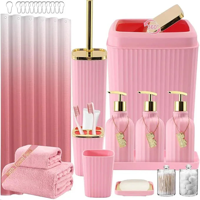 WSBArt 32PCS Bathroom Accessories Set Bathroom Set,Pink Shower Curtain Set,Bath Towel Set,Hand Towel,Toilet Brush,Trash Can & 3PCS Soap Dispenser - ModernBath