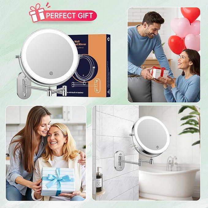 FUNTOUCH 5000mAh Rechargeable Wall Mounted Makeup Mirror with Lights,Double Sided 1X/30X Magnification,3 Color Lights,Touch Dimmable,Extended Arm 360 Rotation Lighted Bathroom Mirror - ModernBath