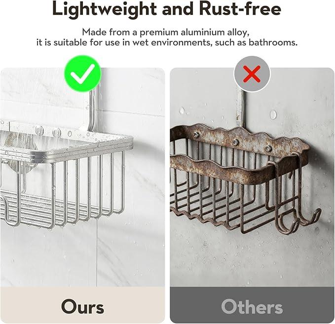 VALORDINE Shower Caddy Hanging, Shower Organizer Hanging, Aluminum Shower Racks for Inside Shower with Hooks for Razor, Never Rust Bathroom Organizers and Storage with Soap Holder, Bright Silver - ModernBath