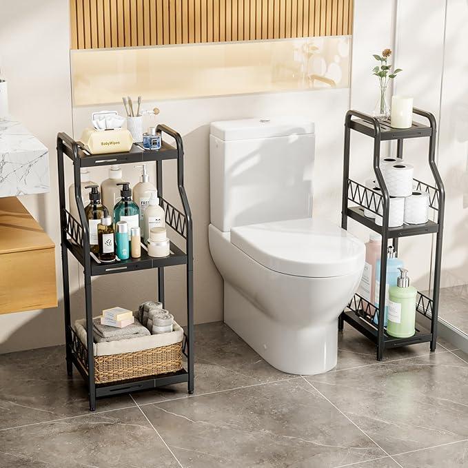 HapiRm Bathroom Shelf Unit Organizer - 3 Tier Expandable Narrow Shelf, Metal Free-Standing Shelves, Open Floor Rack Slim Storage Cabinet, Ideal for Bathroom, Laundry, Kitchen Organization (Black) - ModernBath