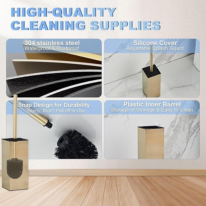 Toilet Brush and Holder Set, NEWRAIN Stainless Steel Toilet Brush with Long Brush Handle, Brushed Gold Toilet Scrubber and Covered Holder, Square Design Sturdy and Space Saving, Covered Brush - ModernBath