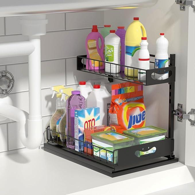 Under Sink Organizer with Pull-Out Drawers,Kitchen Sink Organizer,2 Tier Bathroom Organizers And Storage,Bathroom Accessories Set,Black 1 Pack - ModernBath