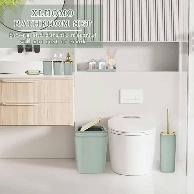 XLHOMO Bathroom Set, Sage Green Bathroom Accessories Set with Press-on Lid Bathroom Trash Can, Soap Dispenser, 10PC Bathroom Accessory Set for Home - ModernBath