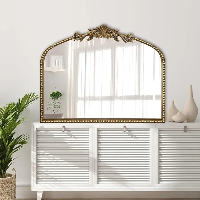 BAODANFU Baroque Arch Mirror for Living Room Wall, 36" X 30" Antique Gold Traditional Cathedral Ornate Beaded Arched Frame Decorative Vanity Mirrors for Mantel Fireplace, Bathroom, Bedroom Decor - ModernBath