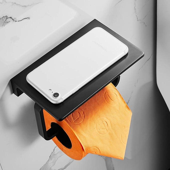 Toilet Roll Paper Holder Bathroom Solid Brass and Superior Hotel Style Wall Mount Tissue Roll Holder with Phone Shelf Matte Black Finished - ModernBath