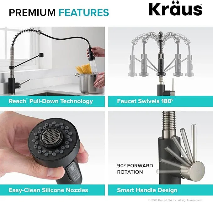 KRAUS Bolden Commercial Style 2-Function Single Handle Pull Down Kitchen Faucet in Stainless Steel/Matte Black, KPF-1610SSMB (Pack of 1) - ModernBath