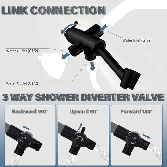YDmeet All Metal Shower Diverter Valve With HandShower Holder - Upgraded 3 Way Shower Head for Handheld and Fixed Rain Showerhead - Universal G1/2 Arm, Bathroom Part, Matte Black - ModernBath