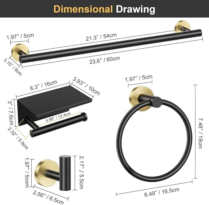 Black and Gold Bathroom Hardware Set, 5 Pieces Towel Bar Bathroom Accessories, Upgraded Toilet Paper Holder with Shelf Set, 23.6 Inch Towel Rack Towel Holder for Bathroom Wall - ModernBath
