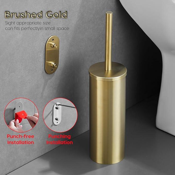 Gold Brushed Stainless Steel Toilet Brush and Cover, No-Punch Hook Base Dual Purpose Toilet Brush Holder with Removable Inner Bucket and Splash Cover - Soft Bristles (Brushed Gold) - ModernBath