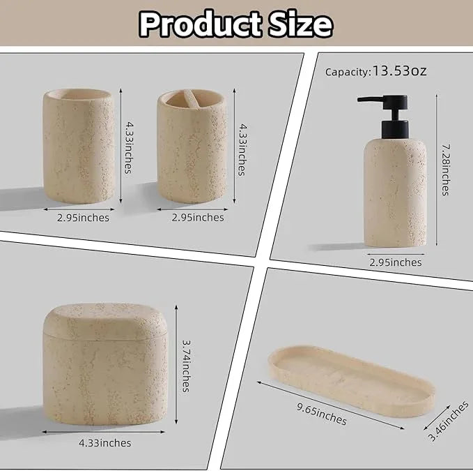 WUUAHOME Bathroom Accessories Set, Travertine Stone-Look, 5 PCS Bathroom Accessory Set with 13.53 OZ Soap Dispenser, Toothbrush Holder, Tumbler, Vanity Tray, Cotton Swab Jars for Countertop (Yellow) - ModernBath