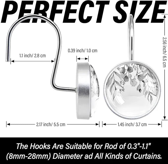 12 Pcs Black Eucalyptus Shower Curtain Hooks - Decorative Shower Curtain Hooks Rings Set - Stainless Steel Round Resin Shower Rings Hangers for Summer Bathroom Home Bath Room Rods Decor - ModernBath