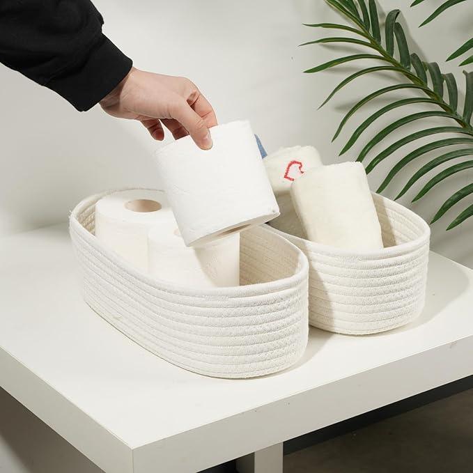Temary Bathroom Organizer Bin, Toilet Paper Rope Baskets with Handles, Set of 2 Small Foldable Storage Bin for Toilet Tank Top Boho, Narrow Rectangle Baskets for Organizing (White, 13x5.9x3.9) - ModernBath