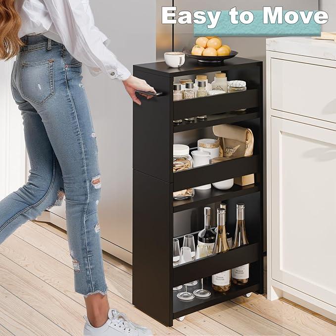MARTY Rolling Storage Cart 7.9" W, 4-Tier Kitchen Cart with Wheels Handle, Slim Storage Cart Mobile Shelving Utility Carts for Bathroom Laundry Room Organization Narrow Places (All Black) - ModernBath